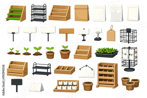 Different types of plant containers and accessories for gardening, placed in neat arrangements on a white background