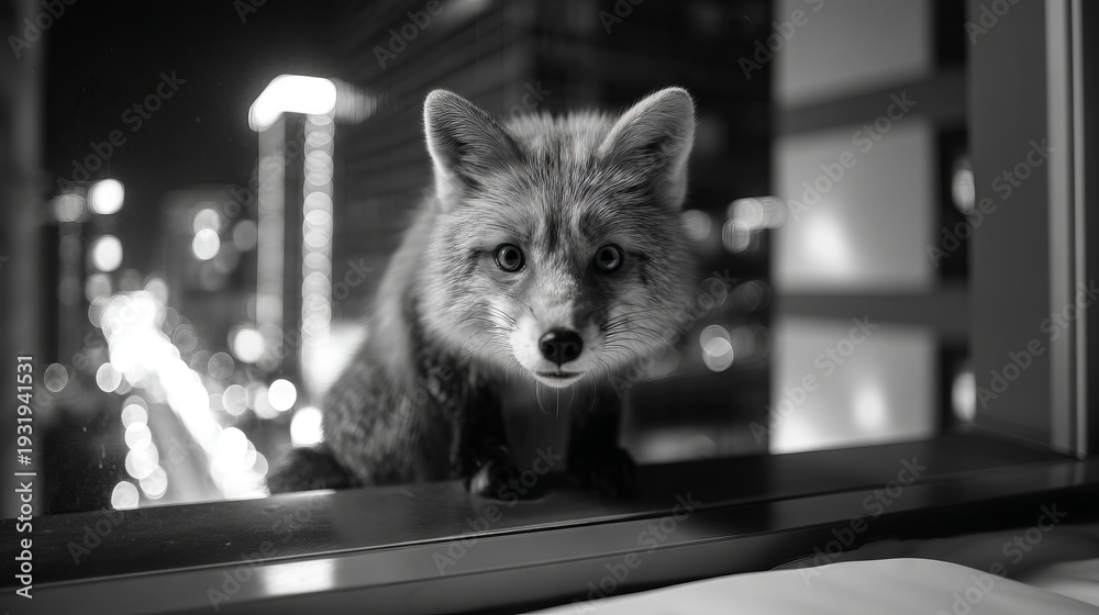 Obraz premium Fox Looking Through Urban Window at Night in Black and White Photography