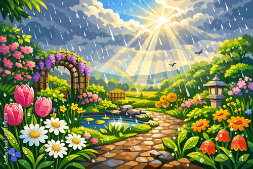 Rain falls on a colorful garden with flowers, a pond, and sunlight breaking through the clouds in a bright landscape setting