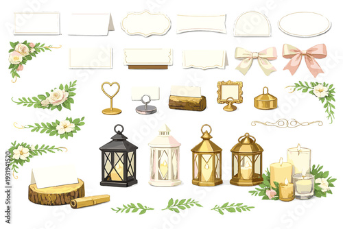 Decorative items for events such as weddings or parties arranged on a white background featuring labels, lanterns, and floral designs