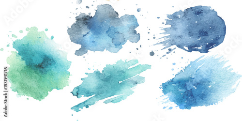 Blue and green watercolor paint splashes set, isolated hand painted ink blotches on white, artistic design elements