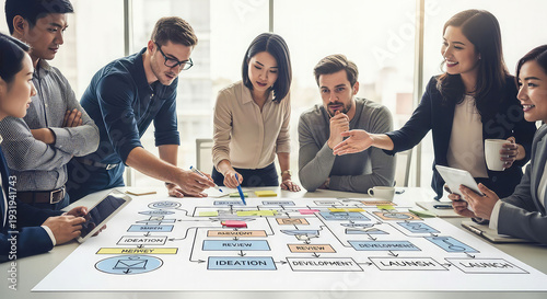 Diverse business team brainstorming and planning with colorful flowchart on large paper in modern office setting with natural light