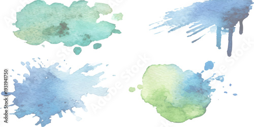 Blue and green watercolor paint splashes set, isolated hand painted ink blotches on white, artistic design elements