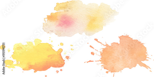 Set of abstract watercolor paint splashes and orange, pink, yellow ink blots isolated on white background for design elements