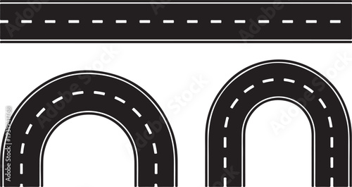 Black road segments including a straight stretch and two curved sections on a pure white surface