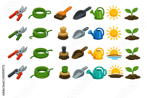 Gardening tools and plants arranged in a neat layout showing various equipment and growth stages in an outdoor setting at daytime
