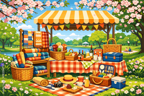 Picnic setup at a park with baskets, blankets, and food during a sunny day in spring
