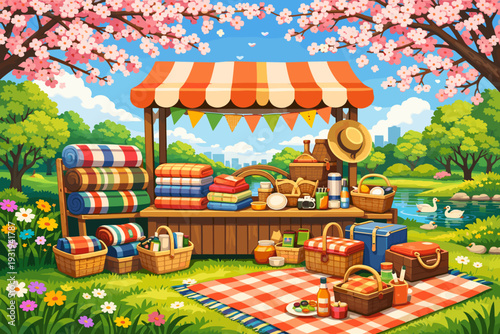 Colorful picnic market stand with blankets and baskets near a park under blooming trees in springtime