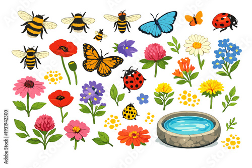 Colorful arrangement of flowers, insects, and a small pond with clear water in a garden setting during the day