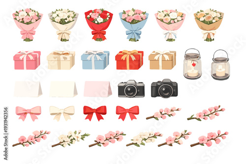 Various colorful flower bouquets, gift boxes, lanterns, and decorations arranged in a neat layout for a special event or celebration