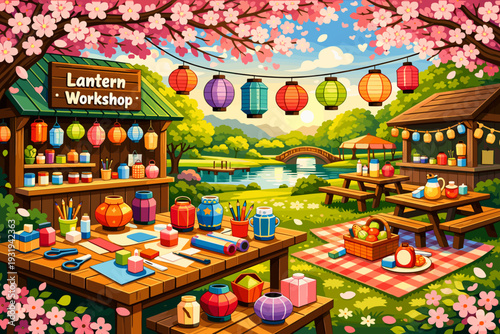 Lantern workshop by the river with colorful lanterns and art supplies on a sunny day in a park