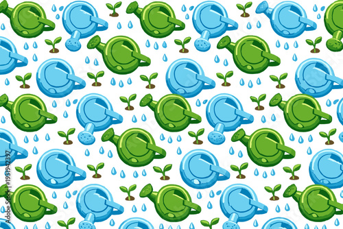 Watering cans and plants on a white background with green sprouts and blue drops showing garden care in a simple pattern