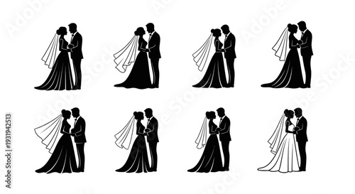 Minimal bride and groom silhouette logo set featuring 4 romantic wedding variations including face-to-face pose, hand holding couple, circular emblem badge, and dancing couple design.