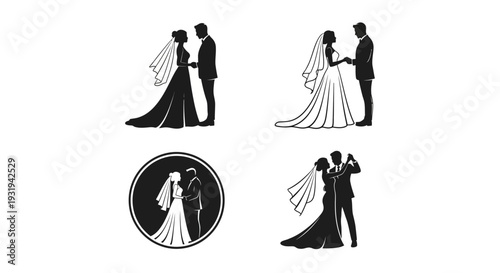 Minimal bride and groom silhouette logo set featuring 4 romantic wedding variations including face-to-face pose, hand holding couple, circular emblem badge, and dancing couple design.