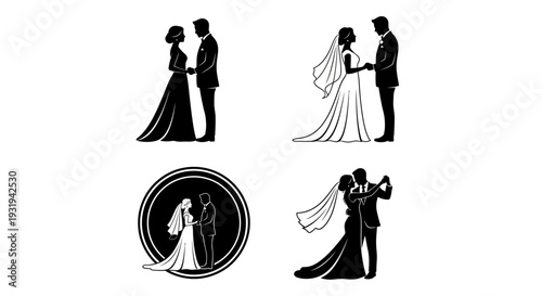 Minimal bride and groom silhouette logo set featuring 4 romantic wedding variations including face-to-face pose, hand holding couple, circular emblem badge, and dancing couple design.