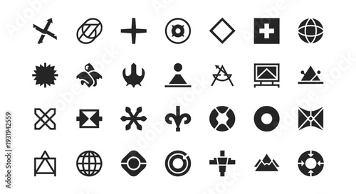 abstract geometric symbols and diverse minimalist icons for modern design uiux and conceptual branding applications.
