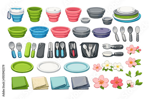 Different kinds of kitchen items and tools arranged neatly on a white background at a design studio or craft space for organizing purposes