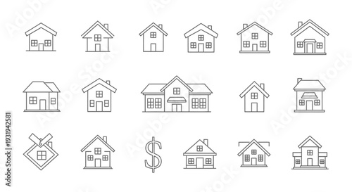 diverse residential house line art icons and dollar sign illustrating real estate property market and home buying concepts for financial infographics
