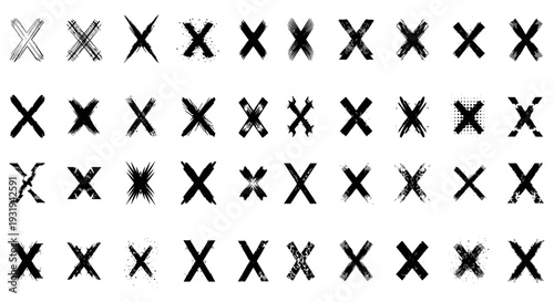 diverse grunge x marks in various brushstroke and distressed textures ideal for graphic design elements error and cancellation symbols.