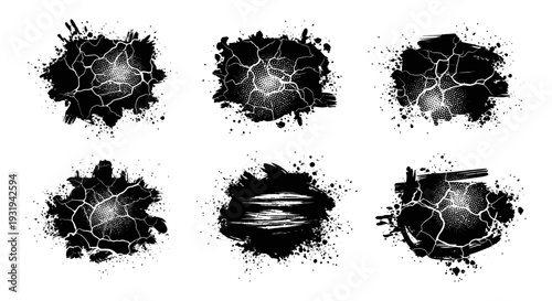 grungy black and white design elements ink splatters and cracked textures with halftone dot patterns for abstract graphic resources
