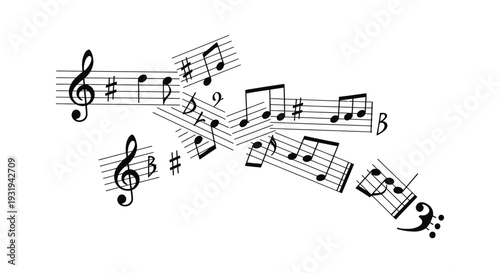 scattered musical notes and symbols dynamically flowing on a clean white background representing the art and creativity of music.