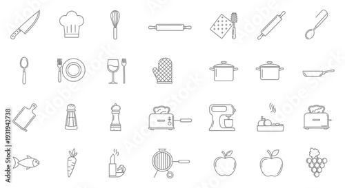 simple kitchen and cooking outline icons illustrating various culinary tools appliances and food for web and app design.