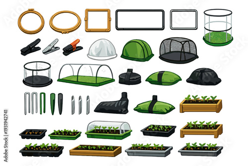 Tools and supplies for gardening with elements used for planting and growing in a garden setting