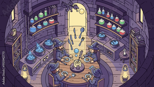 a wizard family enjoying a magical dinner in their enchanting tower kitchen surrounded by bubbling cauldrons and floating cutlery illustrating fantasy.