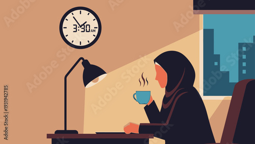 a woman wearing a hijab focused at her desk at 330 am drinking coffee and studying or working symbolizing early morning productivity.