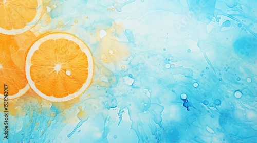 A fresh ripe orange slice falling into blue water with a splashing wave and bubbles, creating a healthy citrus fruit drop isolated on white
