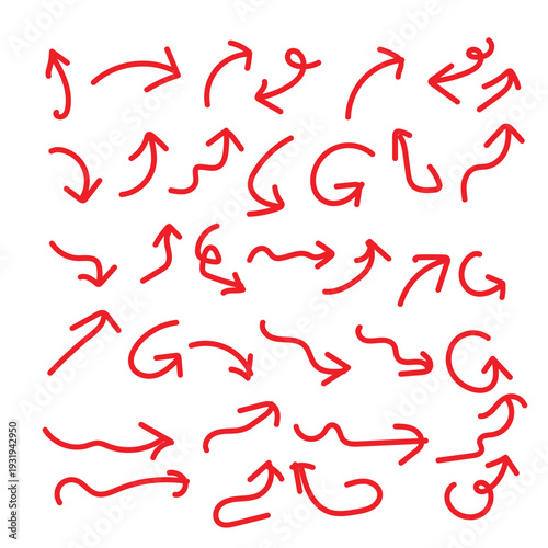 A collection of red arrows pointing in various directions on a white background