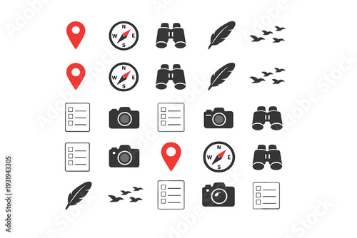 Exploring with tools like binoculars, compasses, maps, and checklists during an outdoor adventure in nature