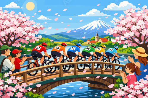 Cyclists race over a bridge as spectators cheer during spring near mountains and cherry blossoms