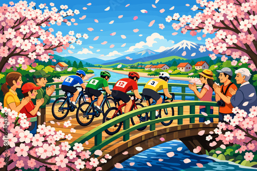 Cyclists cross a bridge as spectators cheer during a spring race in a scenic, flower-filled landscape with mountains in the background