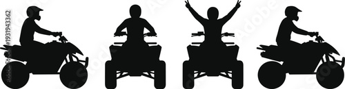 ATV rider silhouettes set with quad bike driving and victory pose, black flat vector illustration isolated on white background for extreme sport design