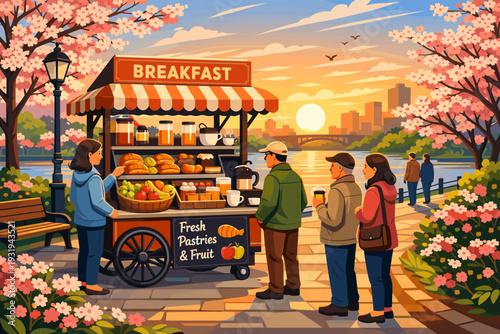 People buy breakfast from a food cart in the park during sunrise with trees and buildings in the background