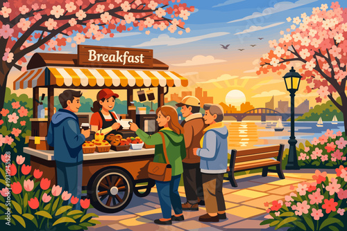 Morning crowd enjoys breakfast at a food cart near the water with a city skyline and trees in bloom during sunrise