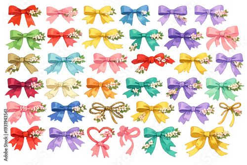 Various colorful bows with flowers arranged in rows for decoration or crafting purposes