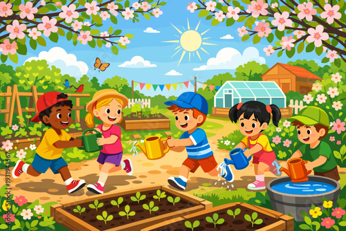 Children enjoy fun time in the garden as they water plants on a sunny day with flowers blooming and green trees around them
