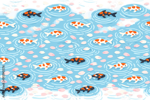 Koi fish swim in a pond with water ripples and pink petals floating on the surface during a sunny day