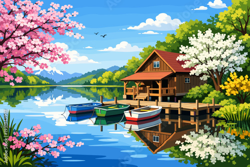 Boats docked at a wooden cabin by a river surrounded by trees and flowers on a bright sunny day