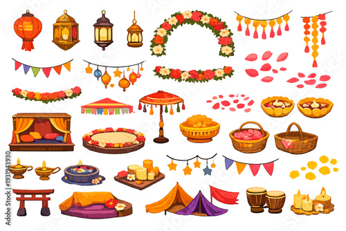 Celebration decorations and items in a colorful layout for a festive event or festival