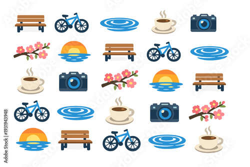 Colorful icons of nature, recreation, and leisure activities in simple design