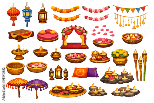 Decorative items for a cultural festival celebration featuring lanterns, lamps, and floral arrangements