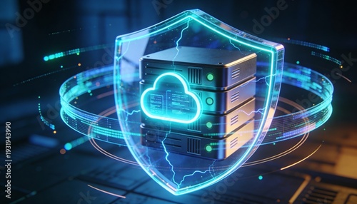 Secure cloud storage protected by digital shield and encrypted data streams, cybersecurity protection for online backup systems and modern cloud computing infrastructure