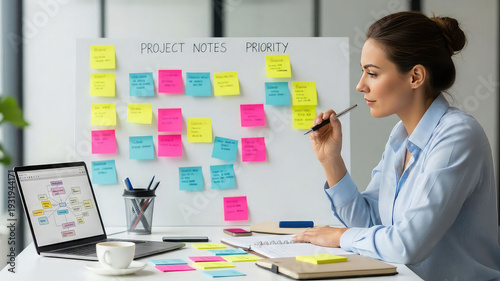 Woman planning projects with colorful sticky notes on whiteboard in office