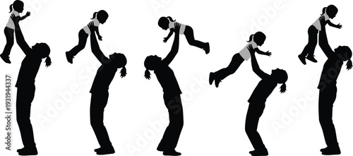 Silhouette vector illustration of parents lifting children playfully in air, joyful family bonding, childhood happiness, care, love, and interaction concept.