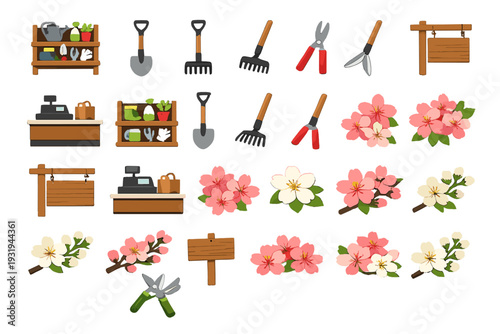 Gardening tools, cash registers, and flowers are grouped in a simple design for planting and gardening activities