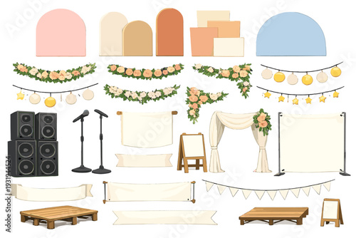 Decor set for an outdoor event with floral decorations and stage equipment ready for use in a garden or park setting