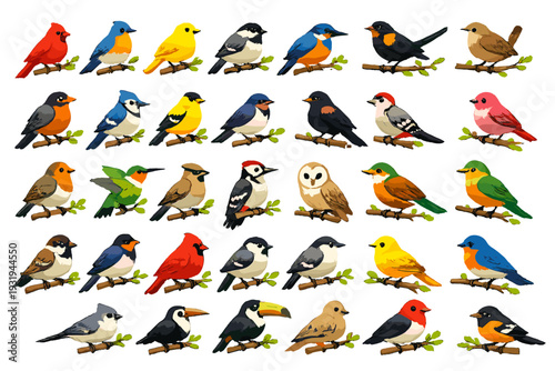Various birds sitting on branches in bright colors and different species in a simple arrangement